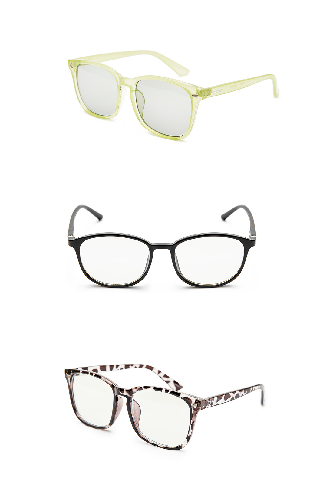 Fotografía comercial lentes ópticos tres modelos fondo blanco Chile
